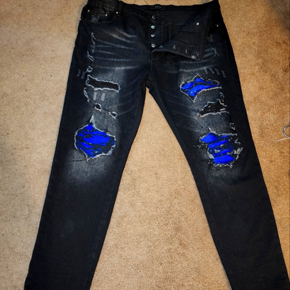 Amiri MX1 Destroyed Blue Panel Skinny Jeans